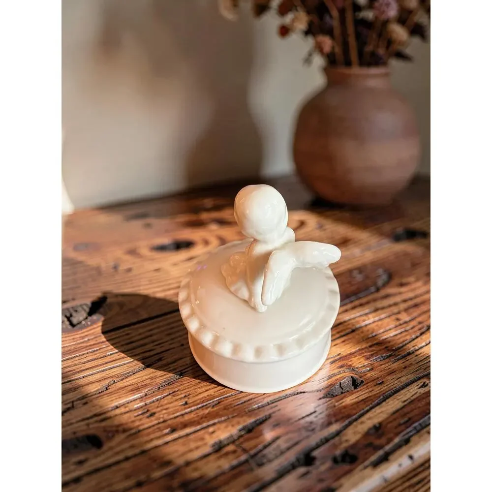 Vintage White Porcelain Cherub Trinket Box | Angel Jewelry Box/Rhinestone Flower